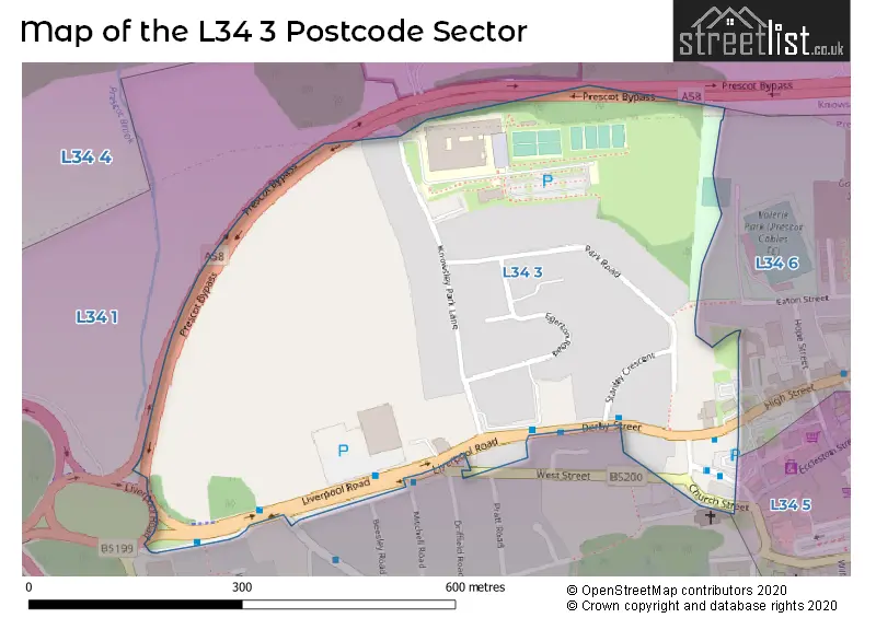 Map of the L34 3 and surrounding postcode sector