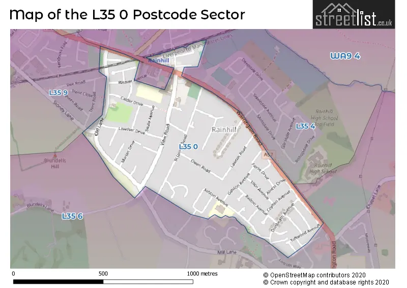 Map of the L35 0 and surrounding postcode sector