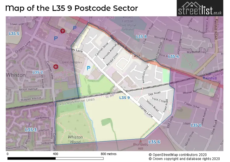 Map of the L35 9 and surrounding postcode sector