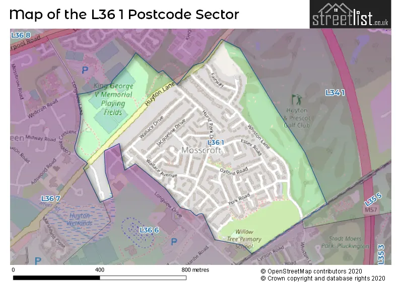 Map of the L36 1 and surrounding postcode sector