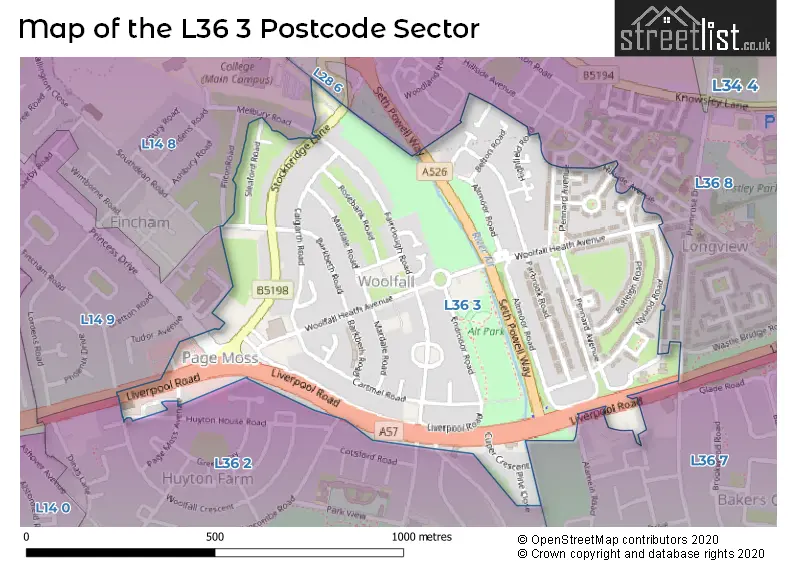 Map of the L36 3 and surrounding postcode sector