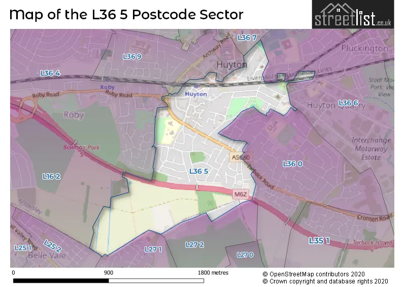 Map of the L36 5 and surrounding postcode sector