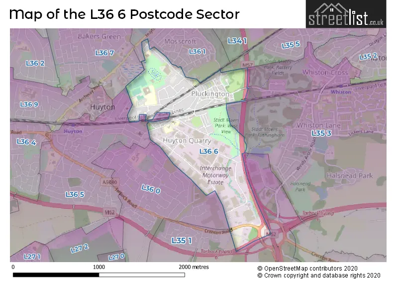 Map of the L36 6 and surrounding postcode sector