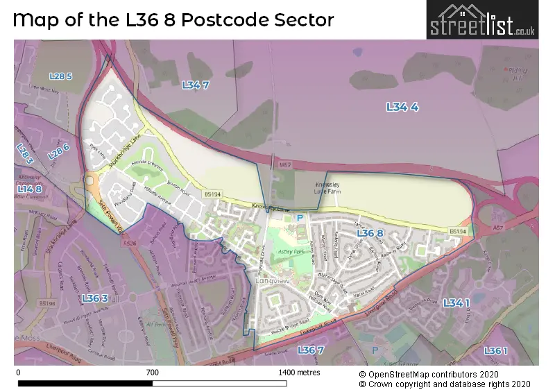 Map of the L36 8 and surrounding postcode sector