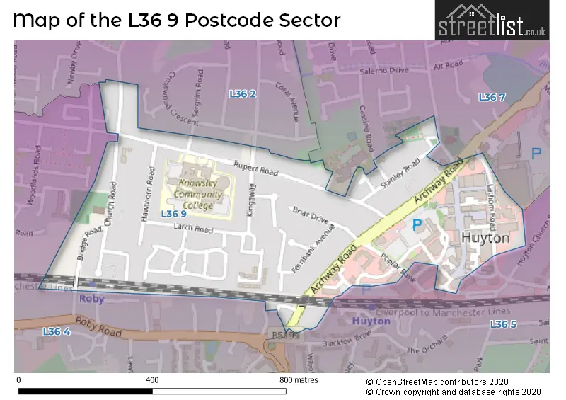 Map of the L36 9 and surrounding postcode sector
