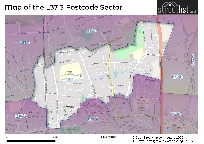 Map of the L37 3 and surrounding postcode sector