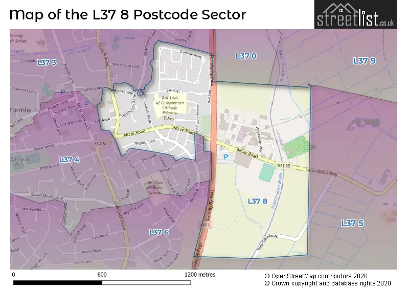 Map of the L37 8 and surrounding postcode sector