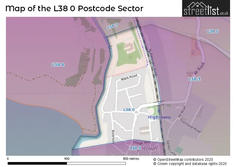 Map of the L38 0 and surrounding postcode sector
