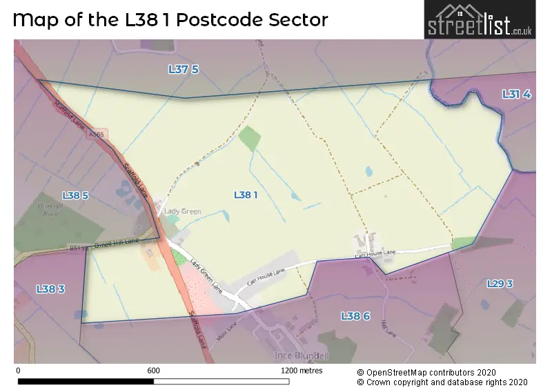 Map of the L38 1 and surrounding postcode sector