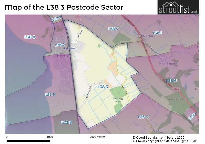 Map of the L38 3 and surrounding postcode sector