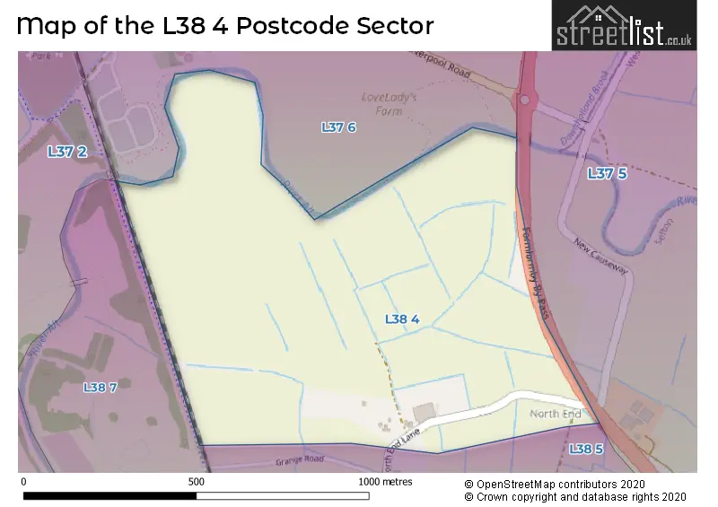 Map of the L38 4 and surrounding postcode sector