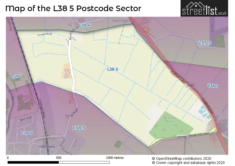 Map of the L38 5 and surrounding postcode sector