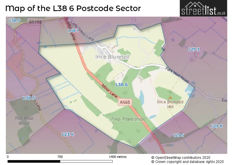 Map of the L38 6 and surrounding postcode sector