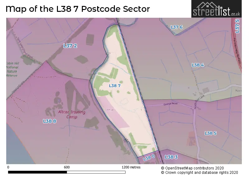 Map of the L38 7 and surrounding postcode sector