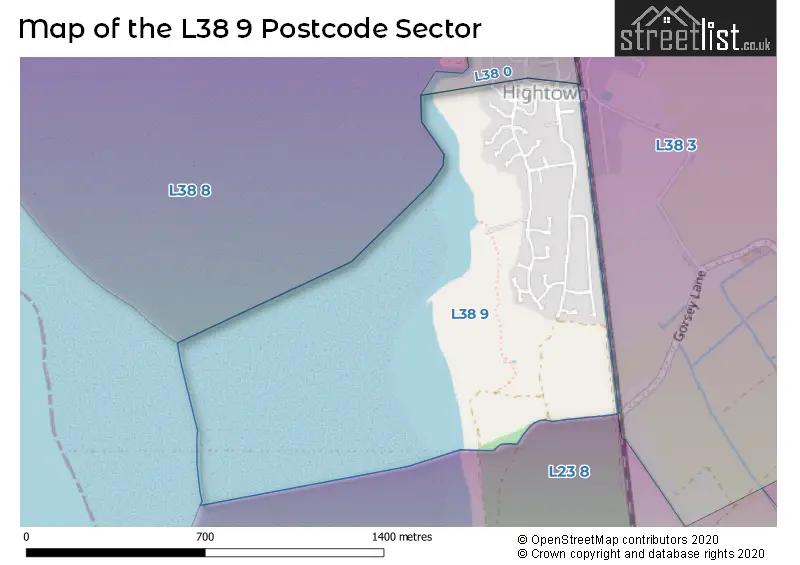 Map of the L38 9 and surrounding postcode sector