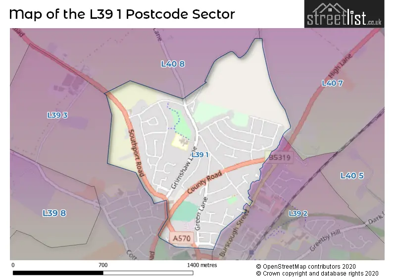 Map of the L39 1 and surrounding postcode sector