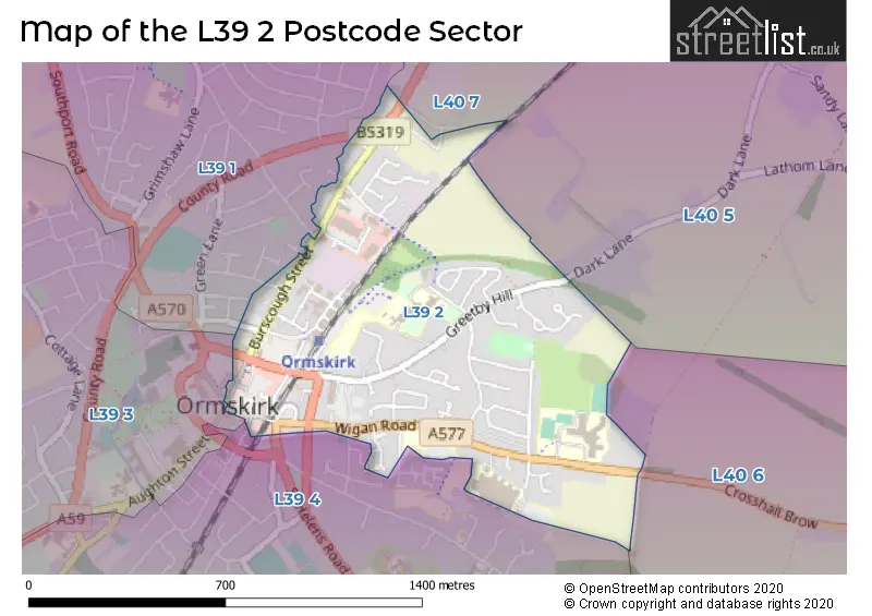 Map of the L39 2 and surrounding postcode sector