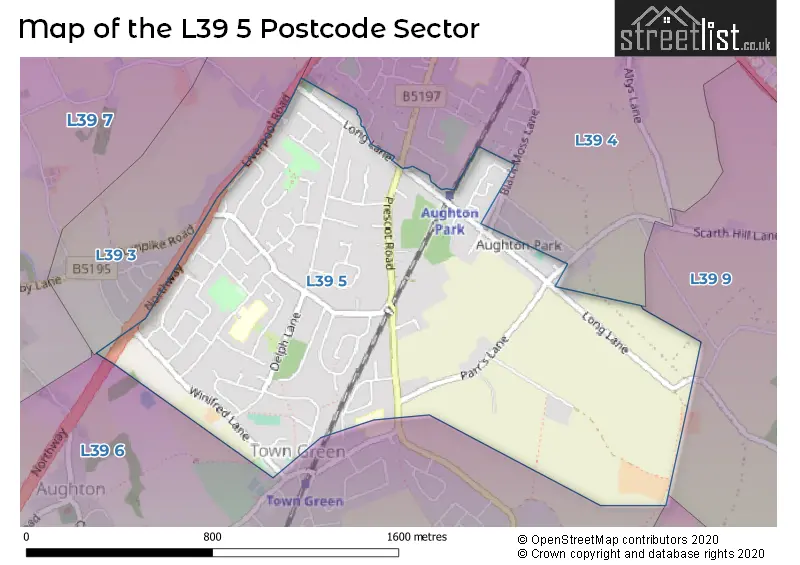 Map of the L39 5 and surrounding postcode sector