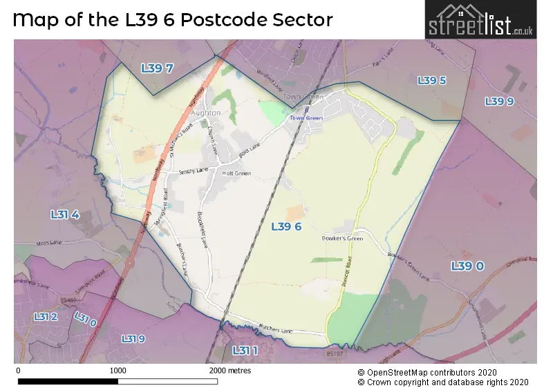 Map of the L39 6 and surrounding postcode sector
