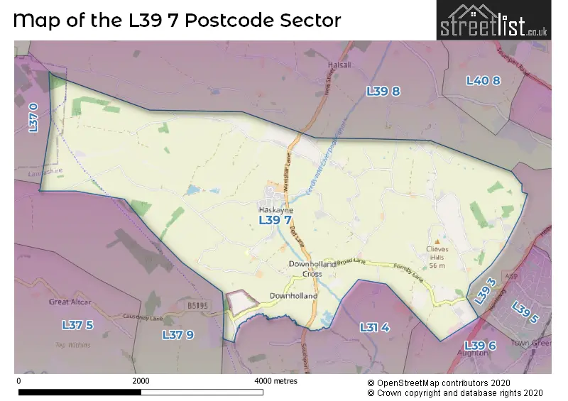 Map of the L39 7 and surrounding postcode sector