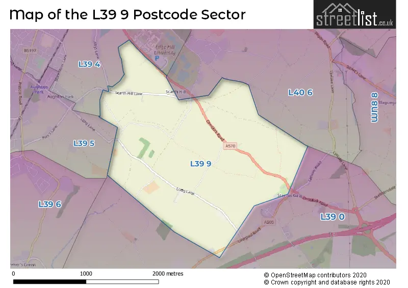 Map of the L39 9 and surrounding postcode sector