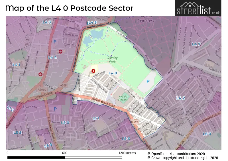Map of the L4 0 and surrounding postcode sector