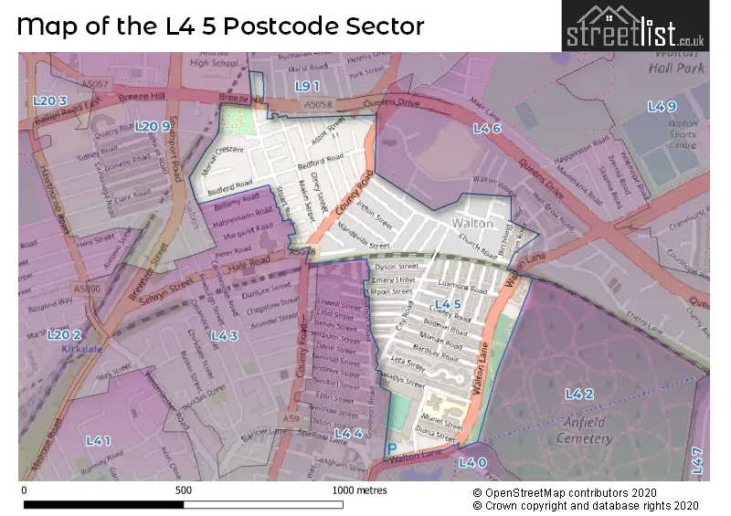 Map of the L4 5 and surrounding postcode sector