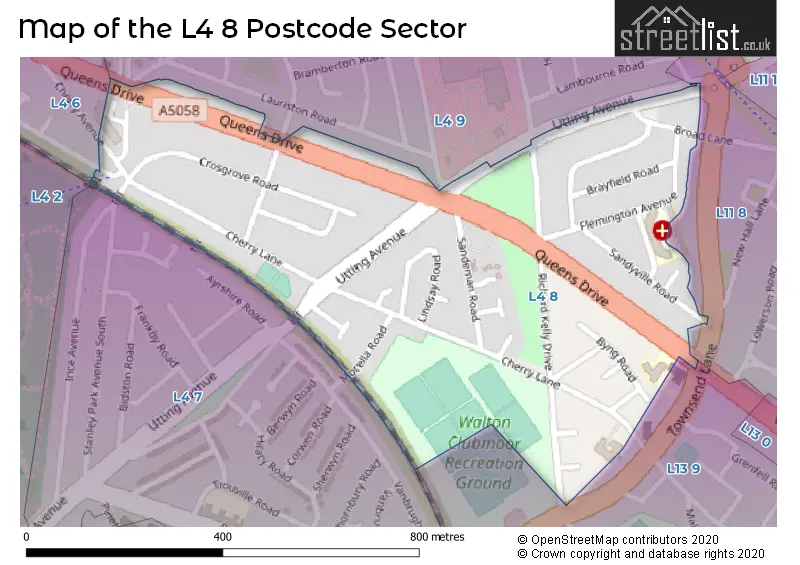 Map of the L4 8 and surrounding postcode sector