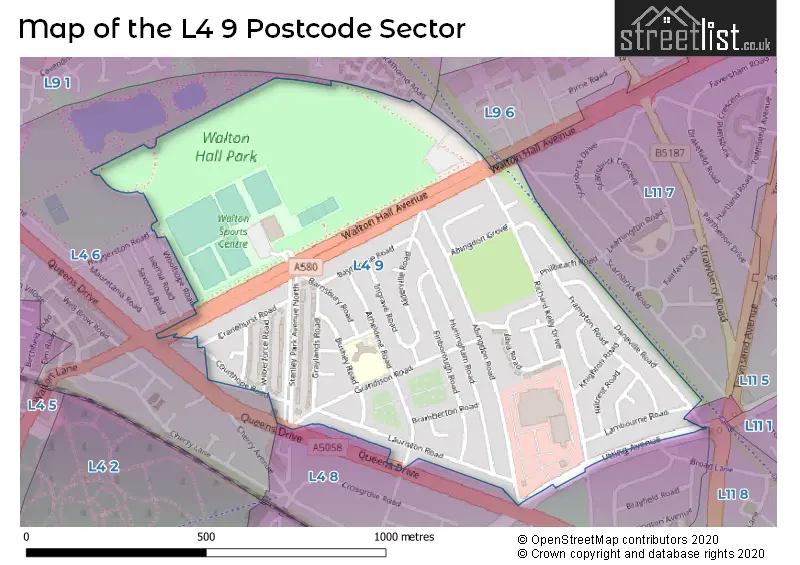 Map of the L4 9 and surrounding postcode sector