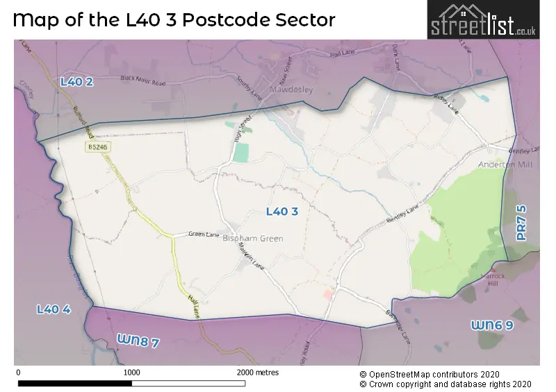 Map of the L40 3 and surrounding postcode sector