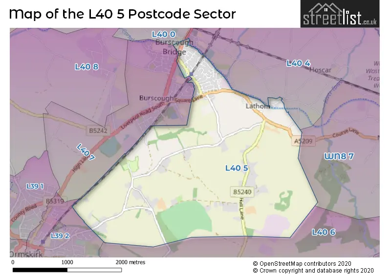 Map of the L40 5 and surrounding postcode sector