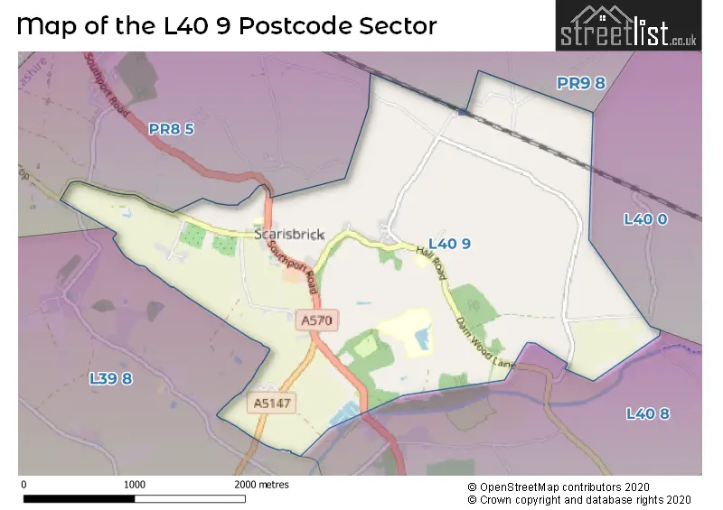 Map of the L40 9 and surrounding postcode sector