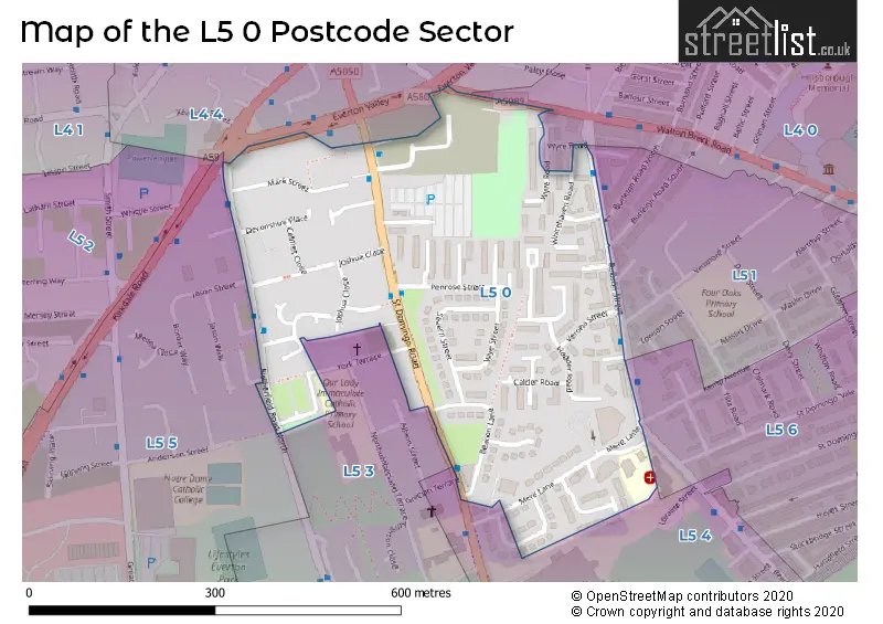 Map of the L5 0 and surrounding postcode sector