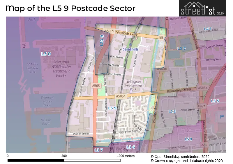 Map of the L5 9 and surrounding postcode sector