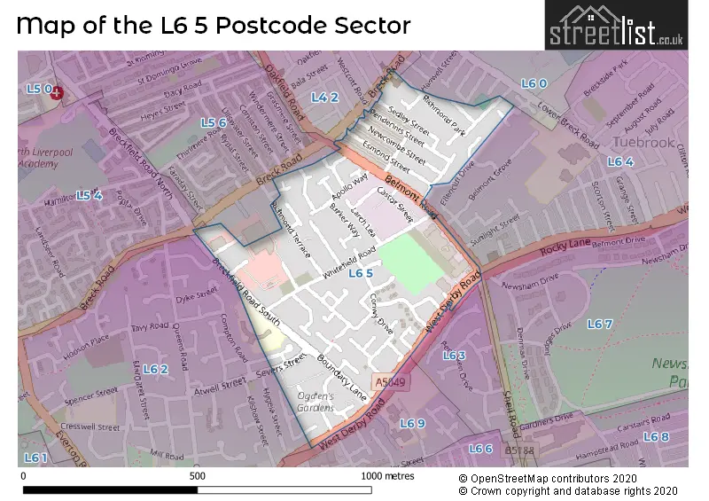 Map of the L6 5 and surrounding postcode sector