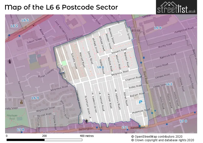 Map of the L6 6 and surrounding postcode sector