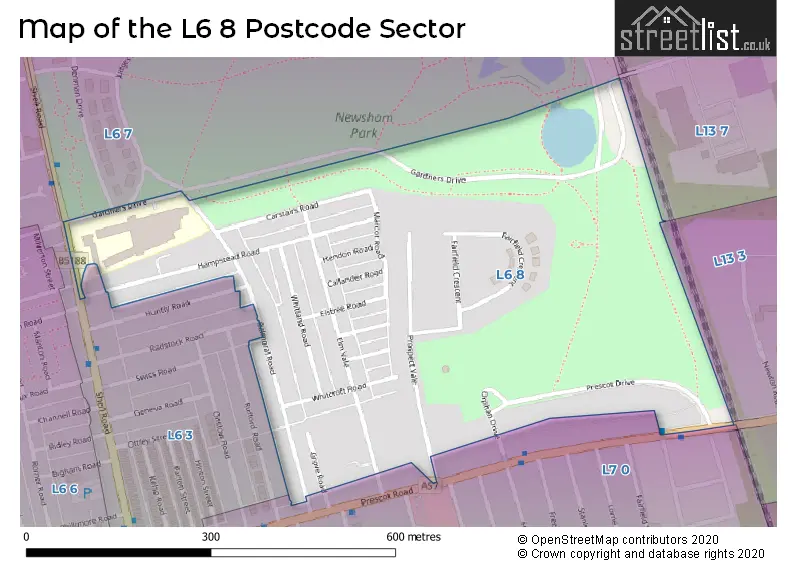 Map of the L6 8 and surrounding postcode sector