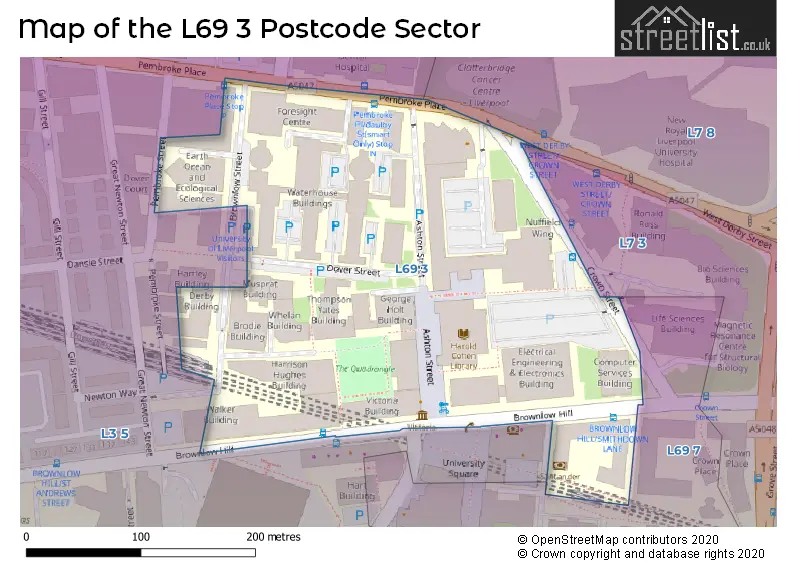 Map of the L69 3 and surrounding postcode sector