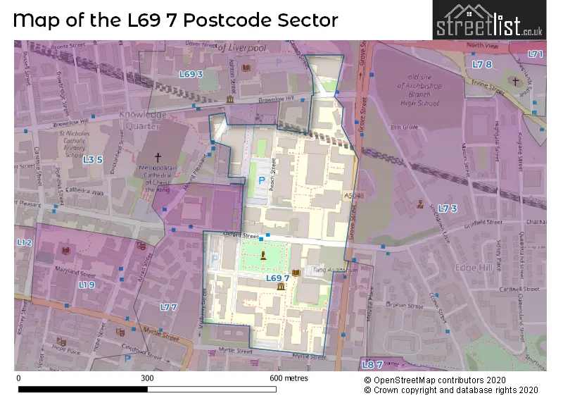Map of the L69 7 and surrounding postcode sector