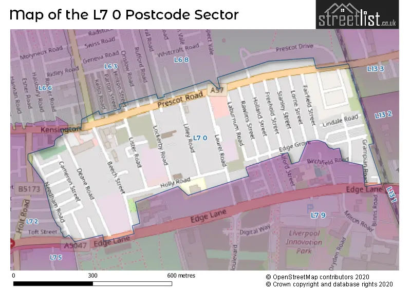 Map of the L7 0 and surrounding postcode sector