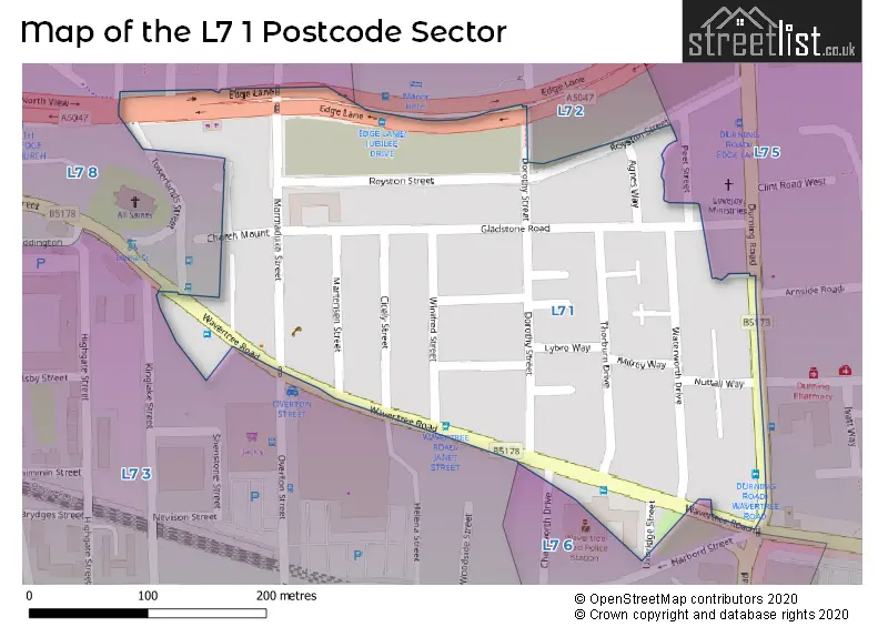 Map of the L7 1 and surrounding postcode sector