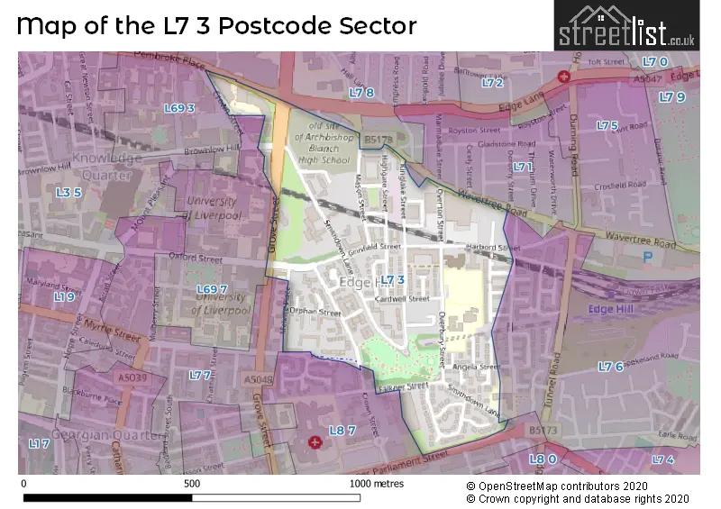 Map of the L7 3 and surrounding postcode sector
