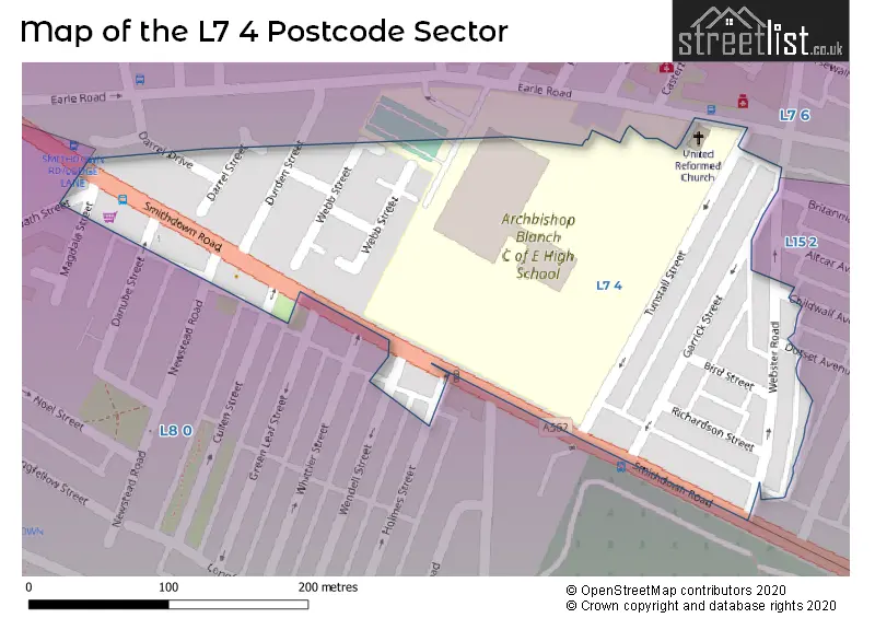 Map of the L7 4 and surrounding postcode sector