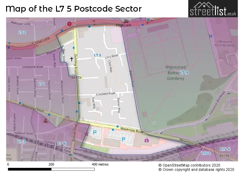 Map of the L7 5 and surrounding postcode sector