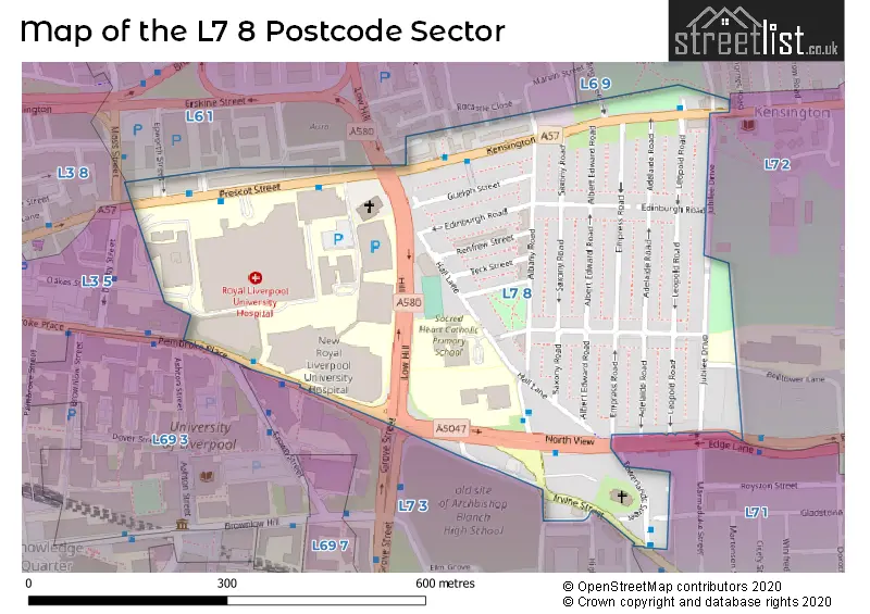 Map of the L7 8 and surrounding postcode sector