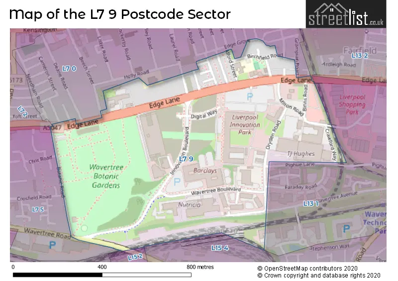 Map of the L7 9 and surrounding postcode sector