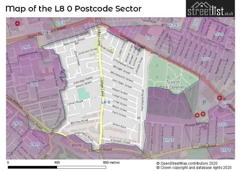 Map of the L8 0 and surrounding postcode sector