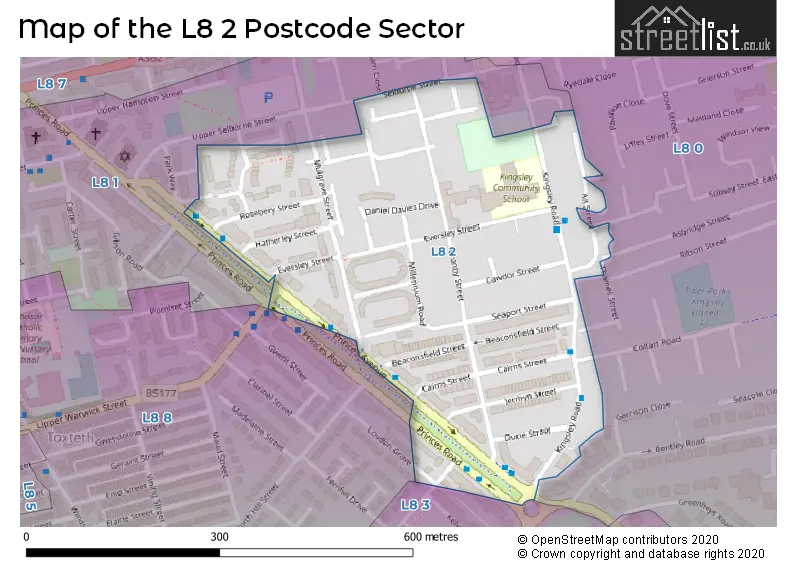 Map of the L8 2 and surrounding postcode sector