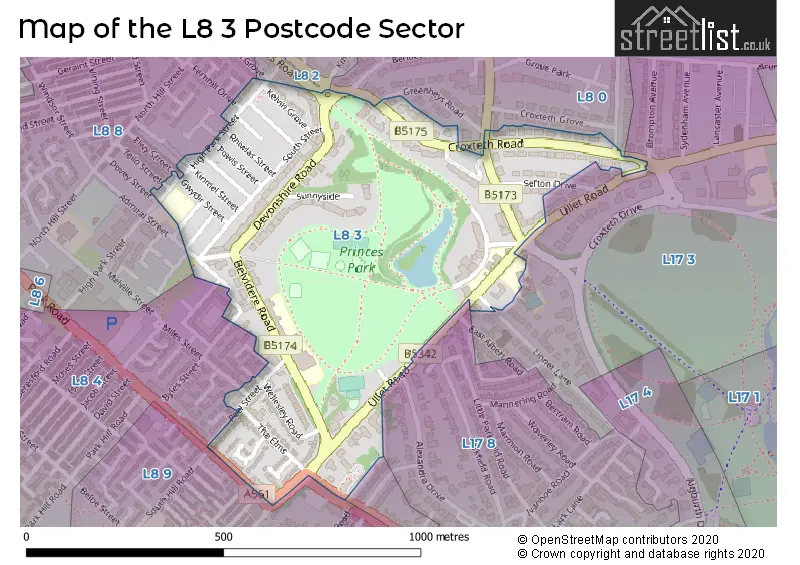 Map of the L8 3 and surrounding postcode sector