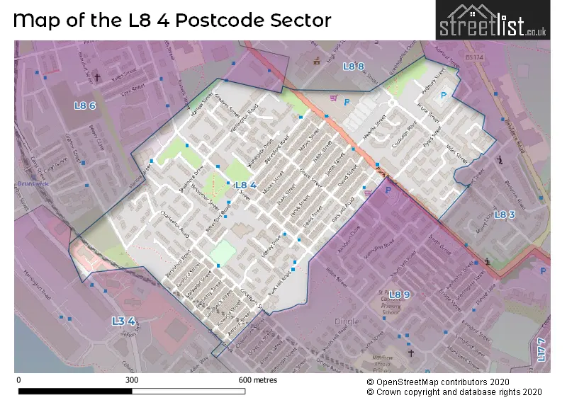 Map of the L8 4 and surrounding postcode sector